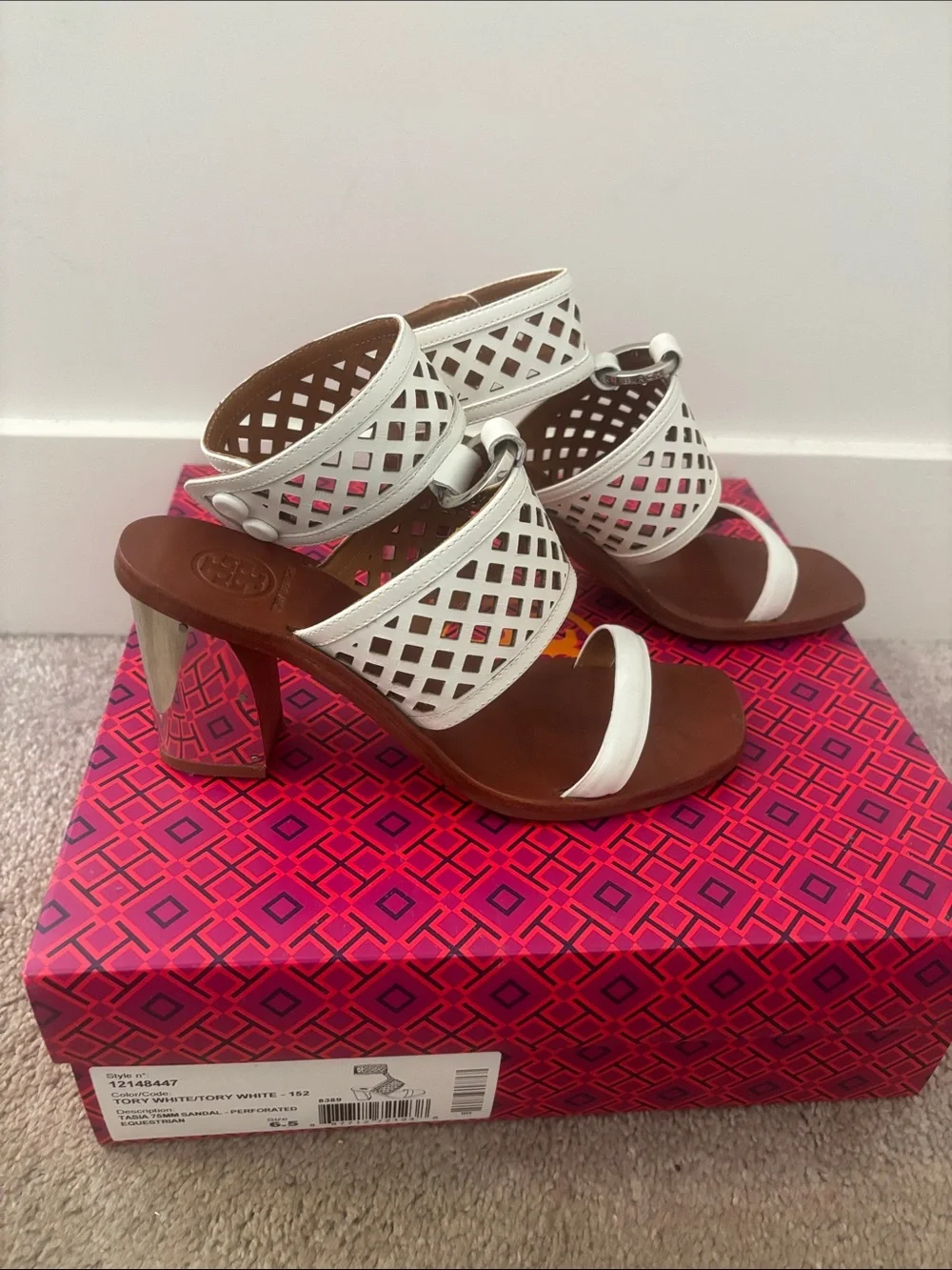 Tory Burch White Perforated Leather Block Heel Sandals